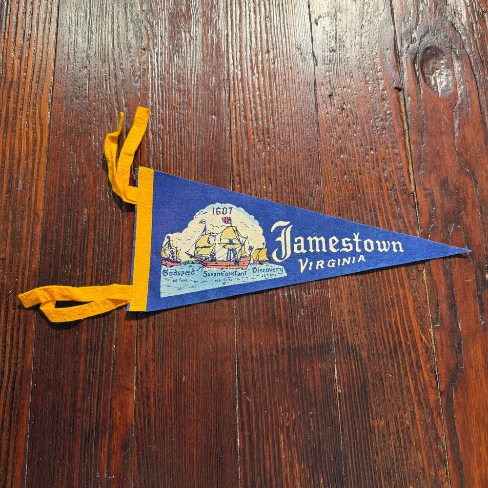 VTG 1960s Jamestown Virginia Felt Pennant Blue Sea Ships 1607 Discovery